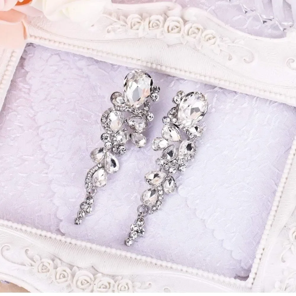 Silver with White Diamond Austrian Crystal Chandelier Statement Clip On Earrings